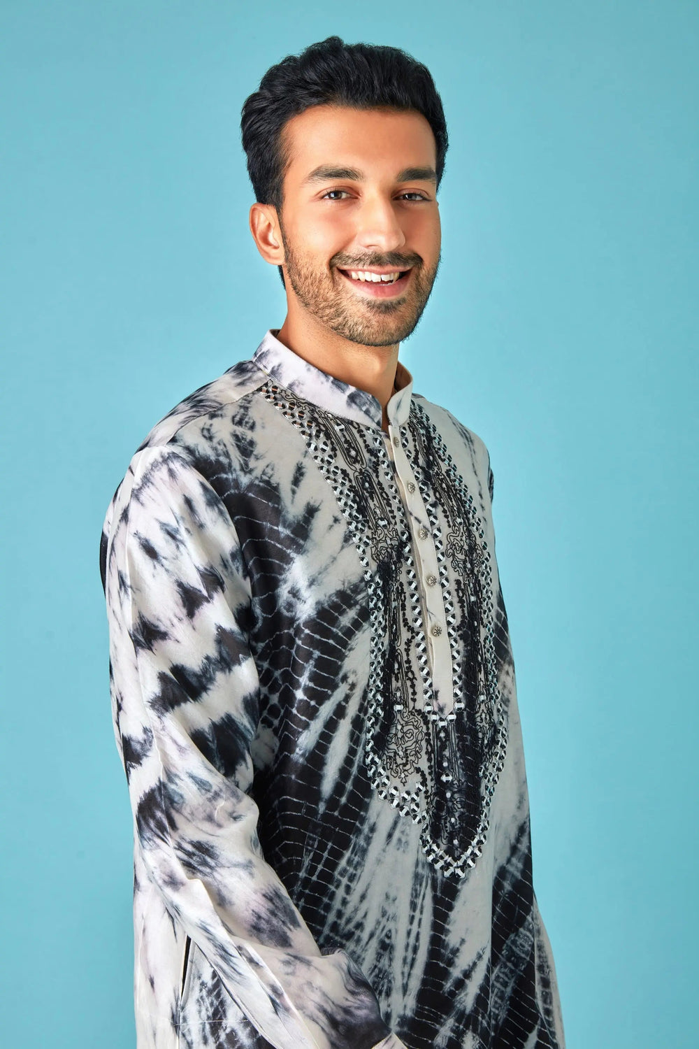 Monochrome Beauty: White and Black Tie-Dye Pure Linen Kurta with Mirror and Dori Embroidery - Asuka Couture