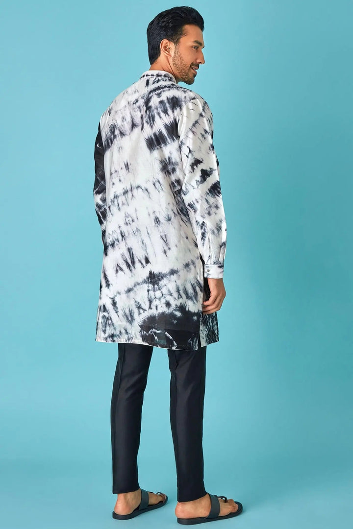 Monochrome Beauty: White and Black Tie-Dye Pure Linen Kurta with Mirror and Dori Embroidery - Asuka Couture