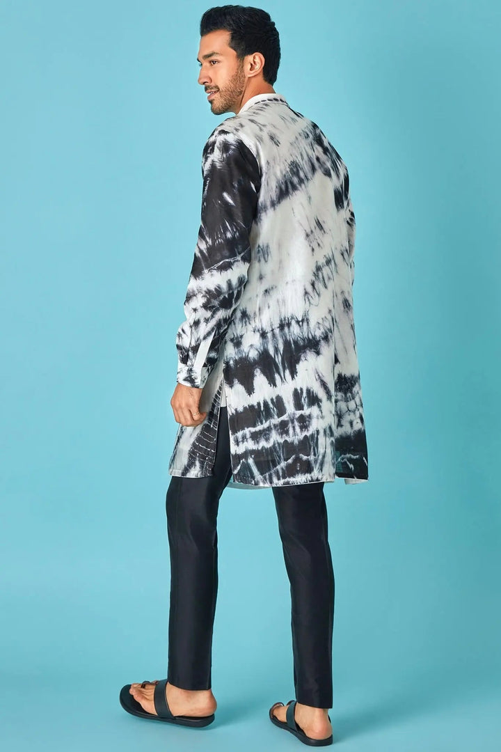 Monochrome Beauty: White and Black Tie-Dye Pure Linen Kurta with Mirror and Dori Embroidery - Asuka Couture