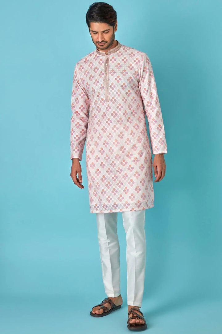 Offwhite Paradise: Multicolour Chanderi Jacquard Kurta - Asuka Couture