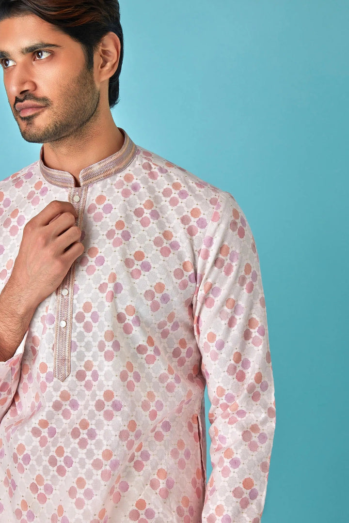 Offwhite Paradise: Multicolour Chanderi Jacquard Kurta - Asuka Couture