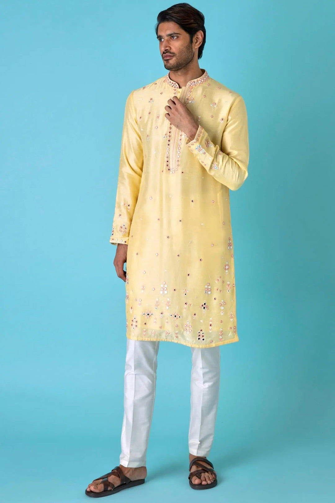 Yellow Charm: Mirror Chanderi Silk Kurta - Asuka Couture