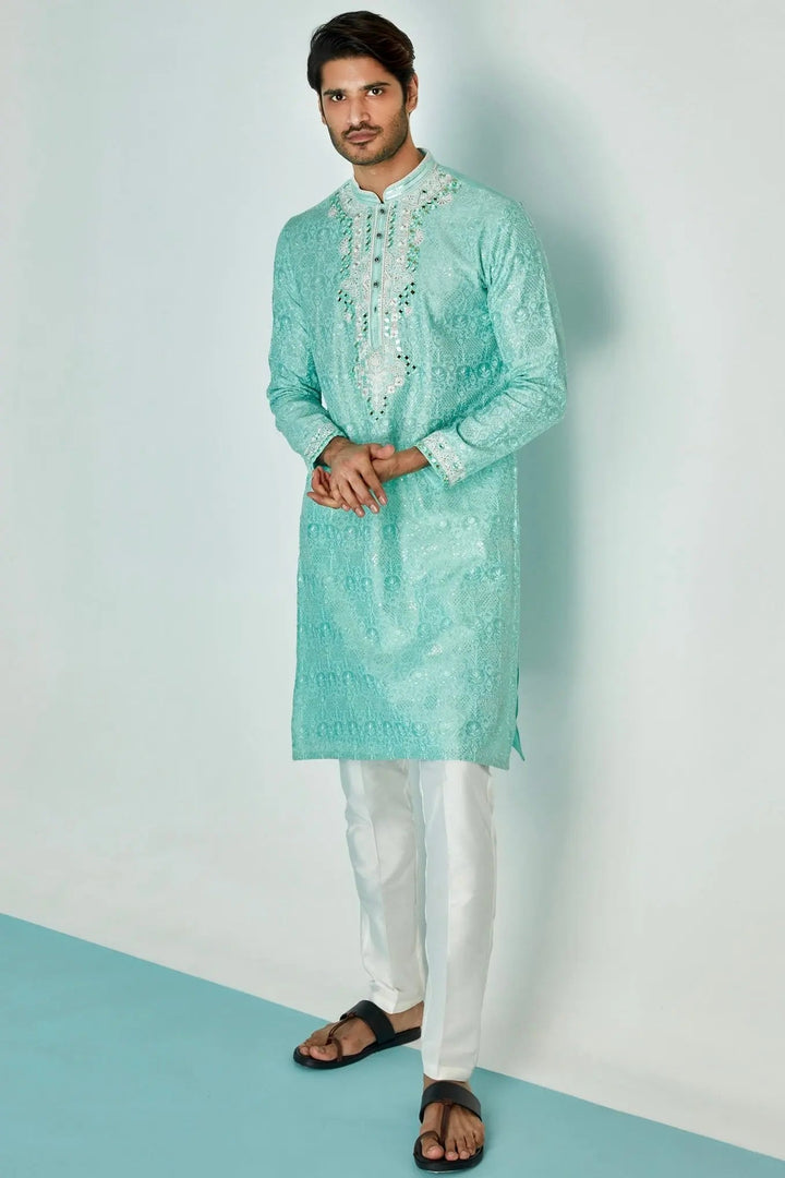 Sky Blue Symphony: Chanderi Silk Kurta with Resham Embroidery, Sequins, Mirror, Dori, and Lurex - Asuka Couture