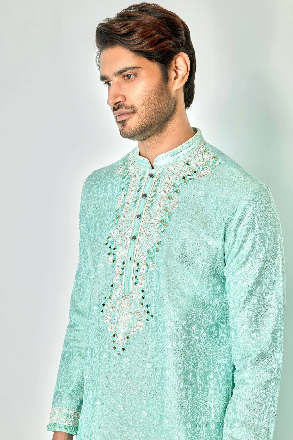 Sky Blue Symphony: Chanderi Silk Kurta with Resham Embroidery, Sequins, Mirror, Dori, and Lurex - Asuka Couture