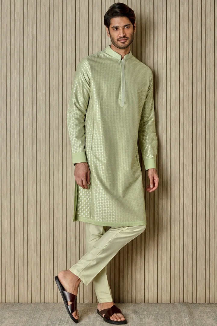 Minty Fresh: Mint Green Embroidery Resham Vertical Abstract Kurta - Asuka Couture