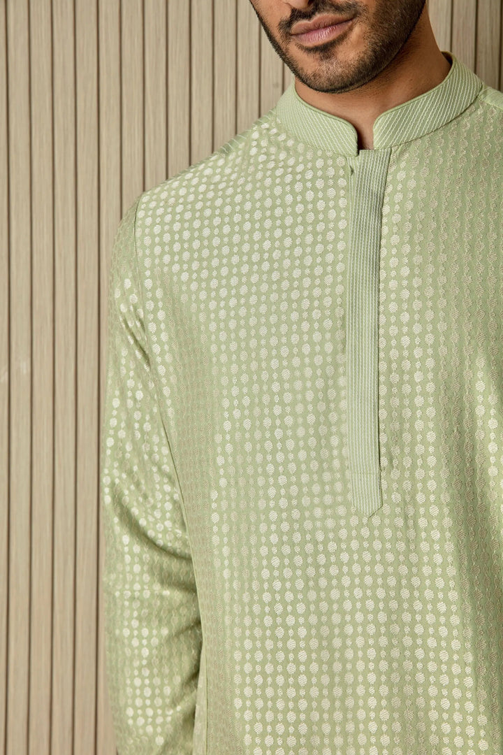 Minty Fresh: Mint Green Embroidery Resham Vertical Abstract Kurta - Asuka Couture