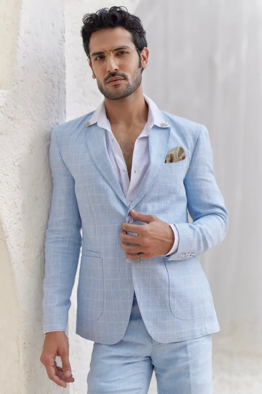 Powder Blue Windowpane Check Blazer Set - Asuka Couture