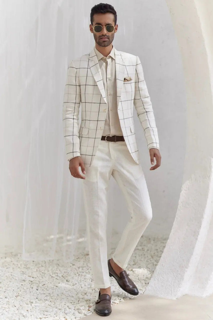 Porcelain White Windowpane Check Blazer Set - Asuka Couture