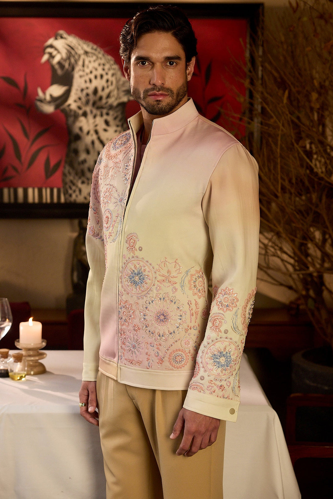 Rosè Reverie Print Hand Embroidered Bomber Jacket