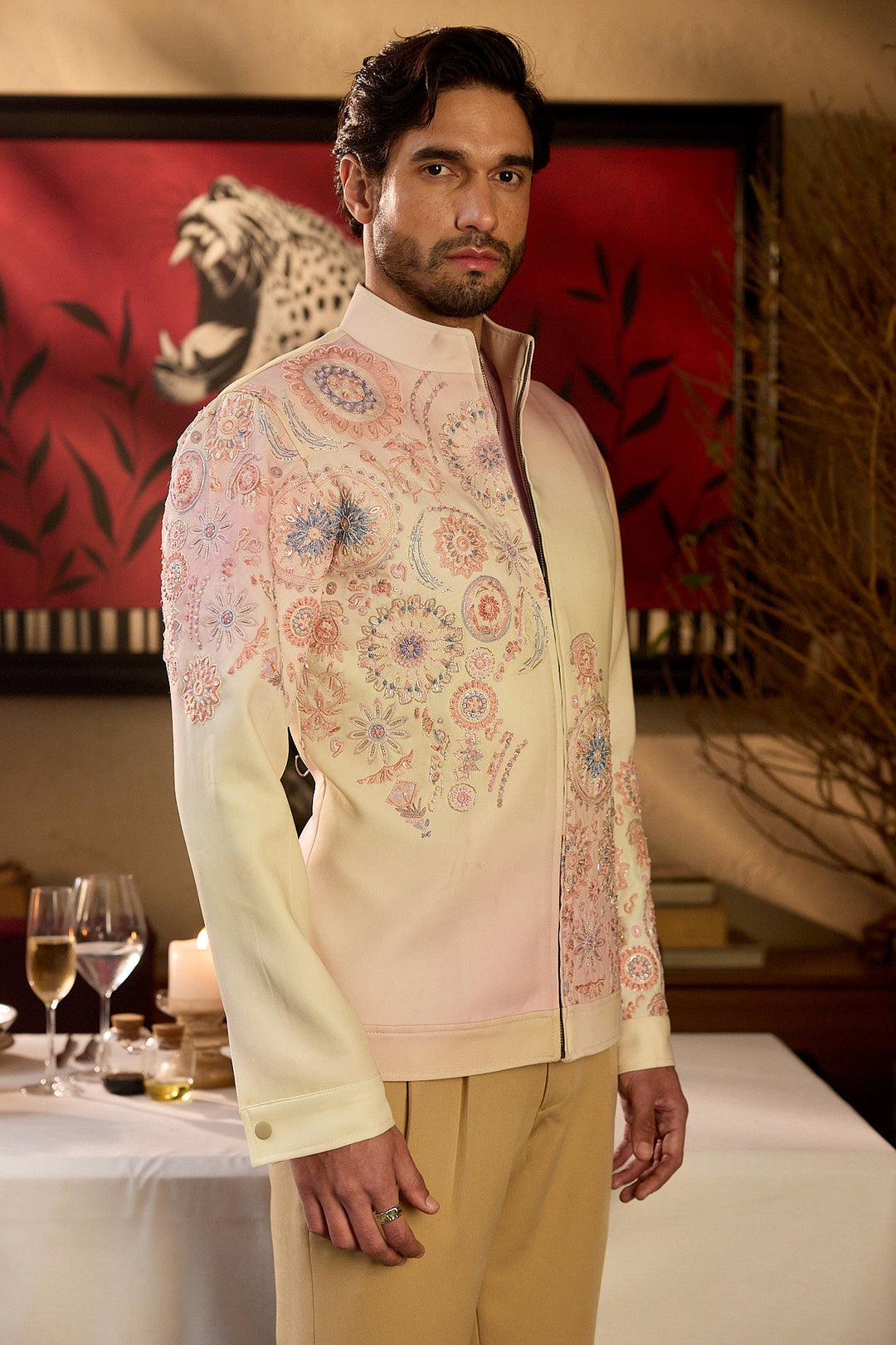 Rosè Reverie Print Hand Embroidered Bomber Jacket