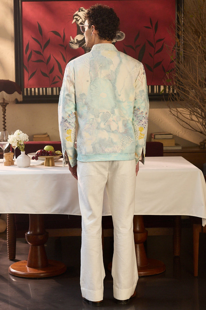 Emerald Mist Print Hand Embroidered Bomber Jacket