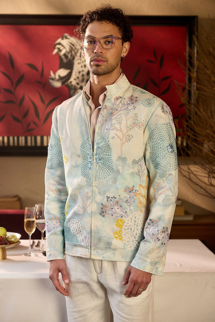 Emerald Mist Print Hand Embroidered Bomber Jacket