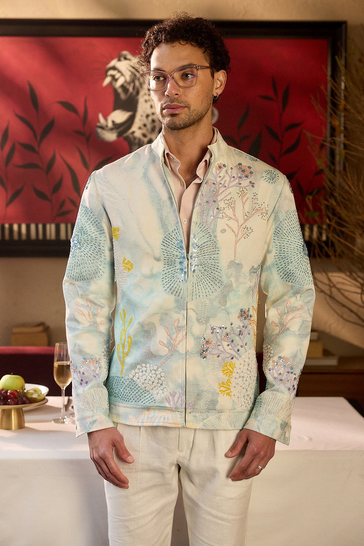 Emerald Mist Print Hand Embroidered Bomber Jacket