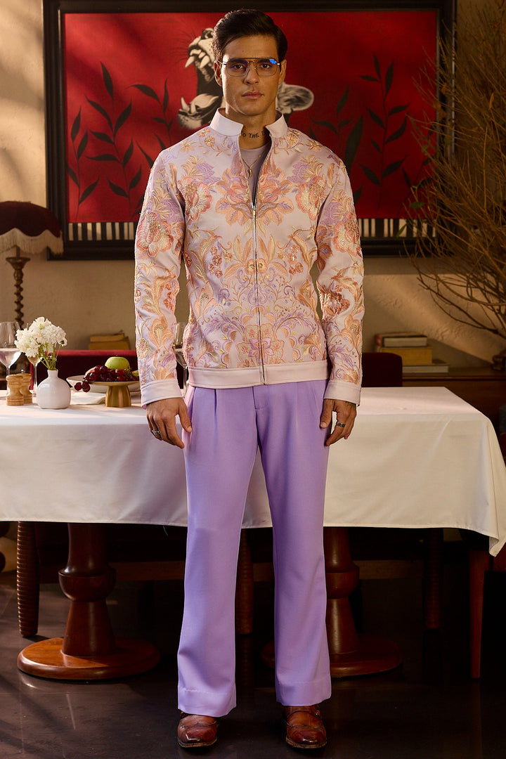 Lilac Bloom Watercolor Print Hand Embroidered Bomber Jacket