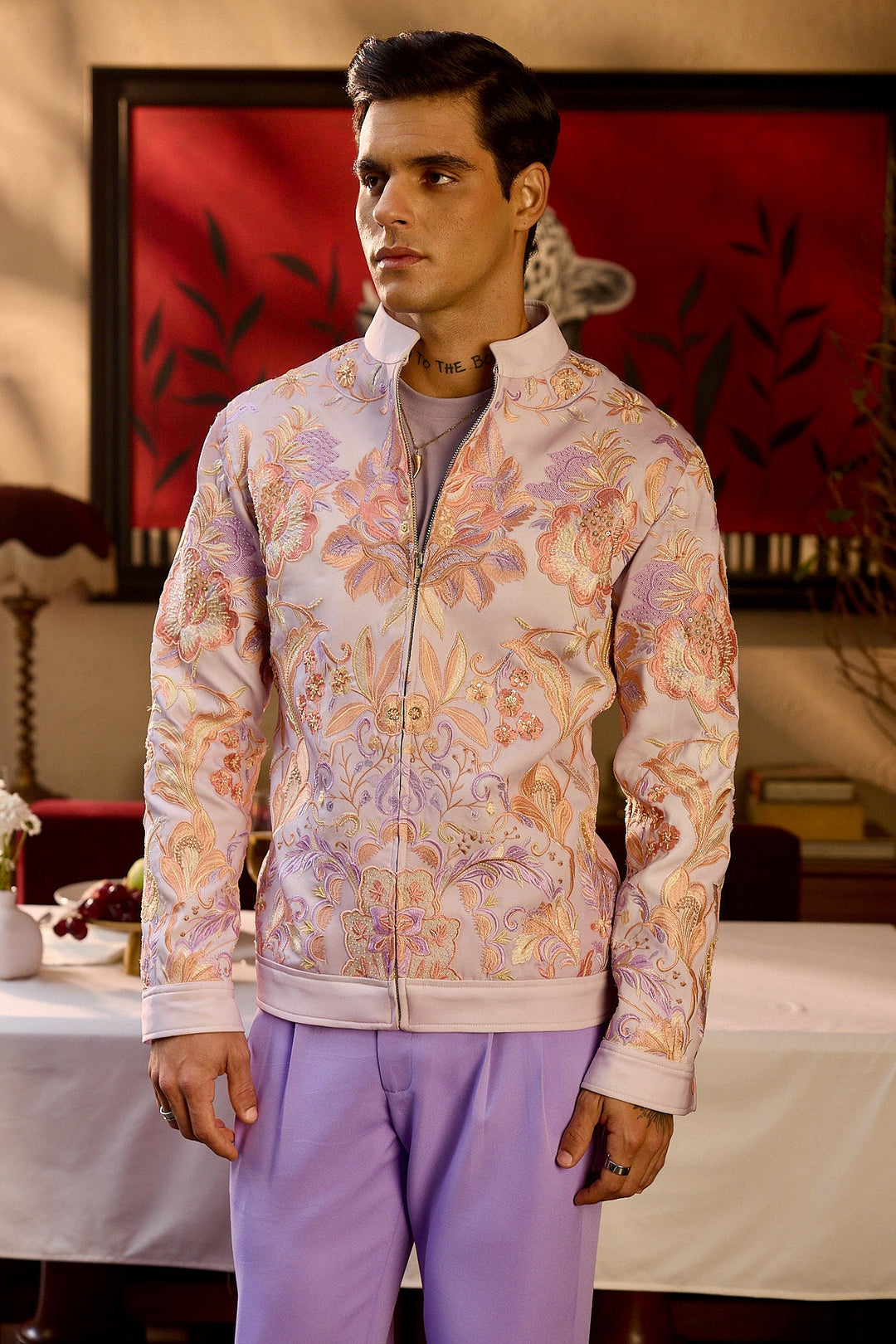 Lilac Bloom Watercolor Print Hand Embroidered Bomber Jacket