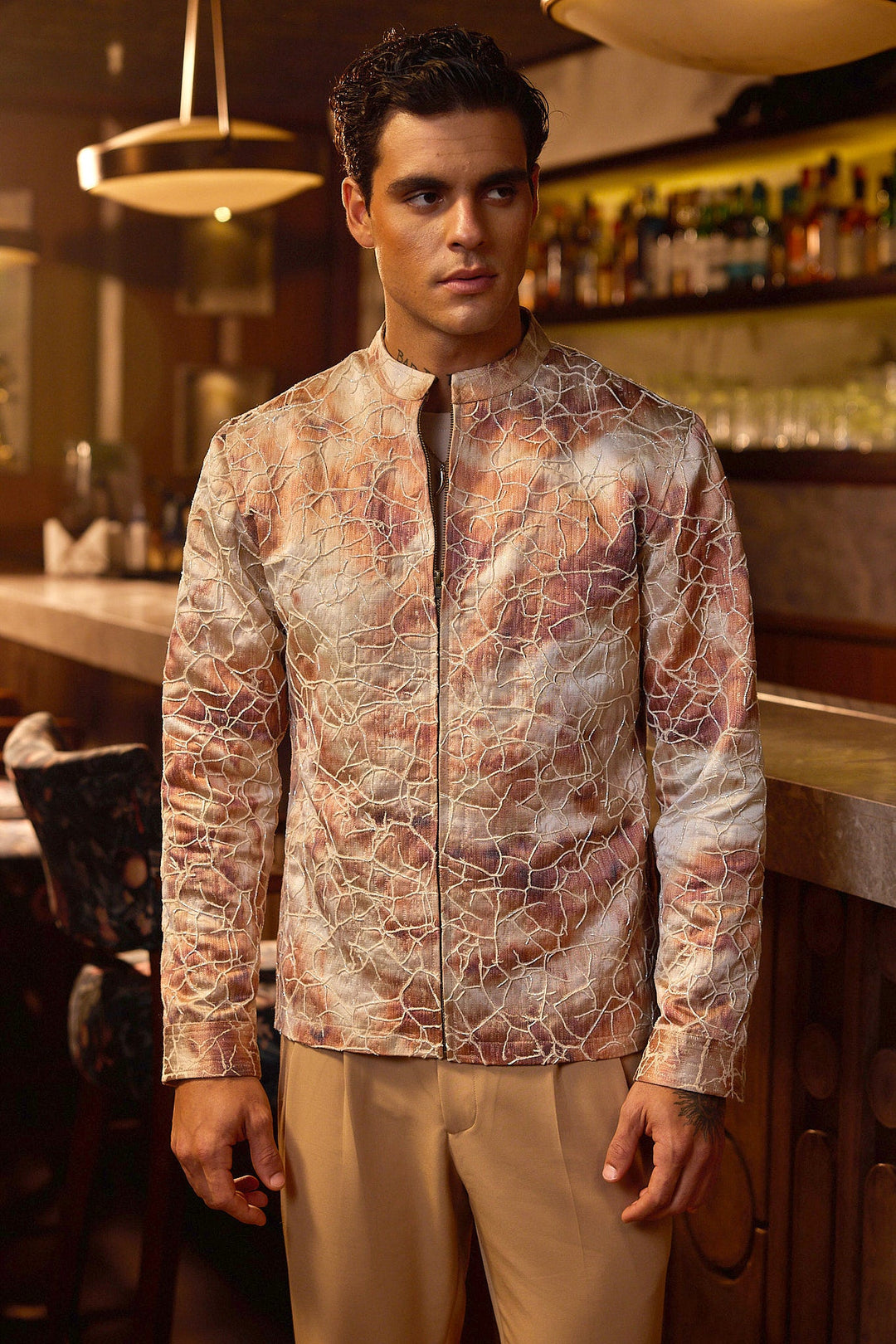 Gilded Earth Jacquard Cutdana Embroidered Bomber Jacket