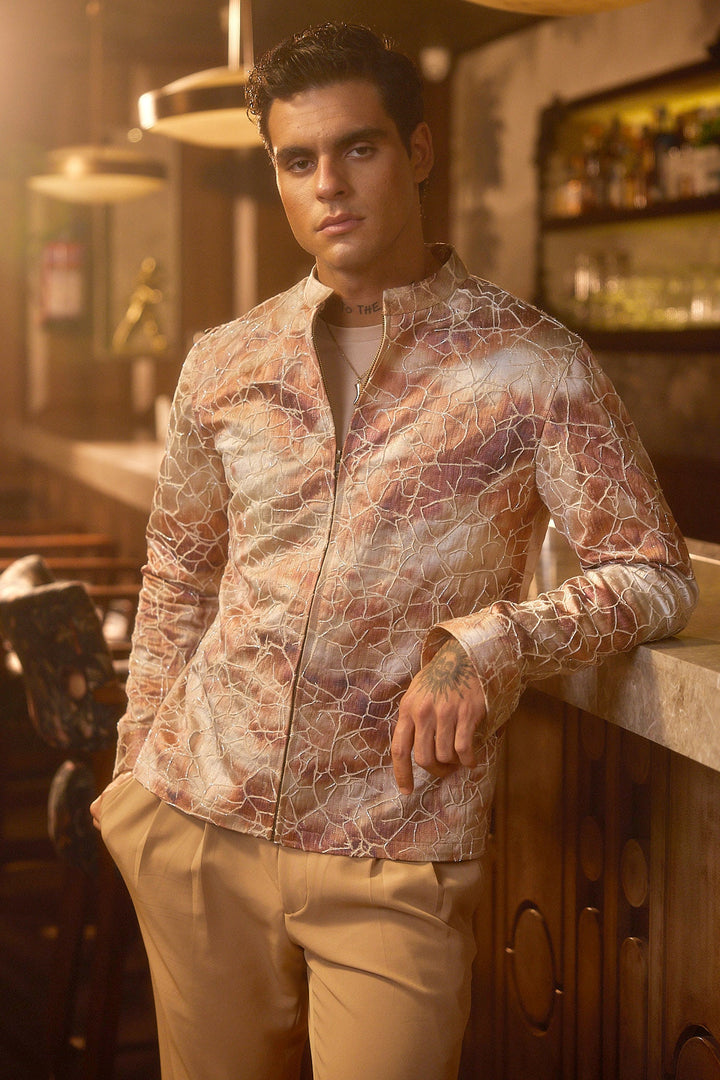 Gilded Earth Jacquard Cutdana Embroidered Bomber Jacket