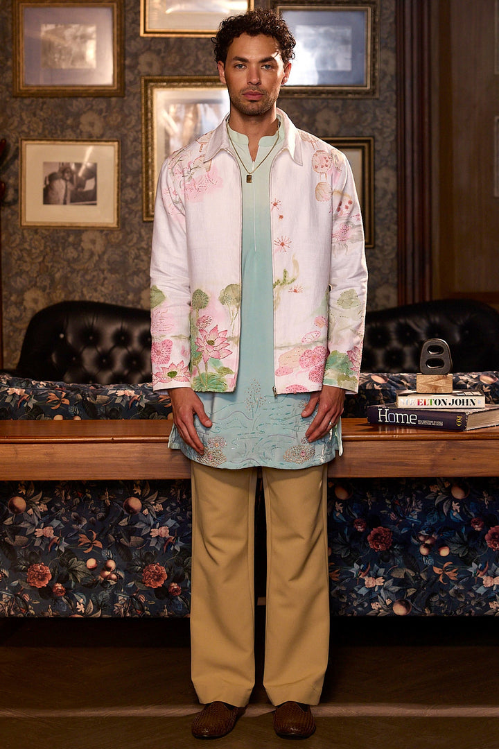 Sacred Lotus Hand Painted Embroidered Linen Jacket Set