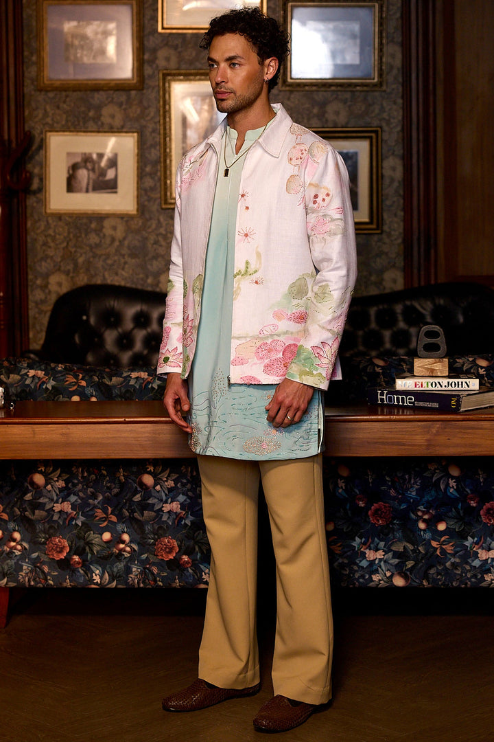 Sacred Lotus Hand Painted Embroidered Linen Jacket Set