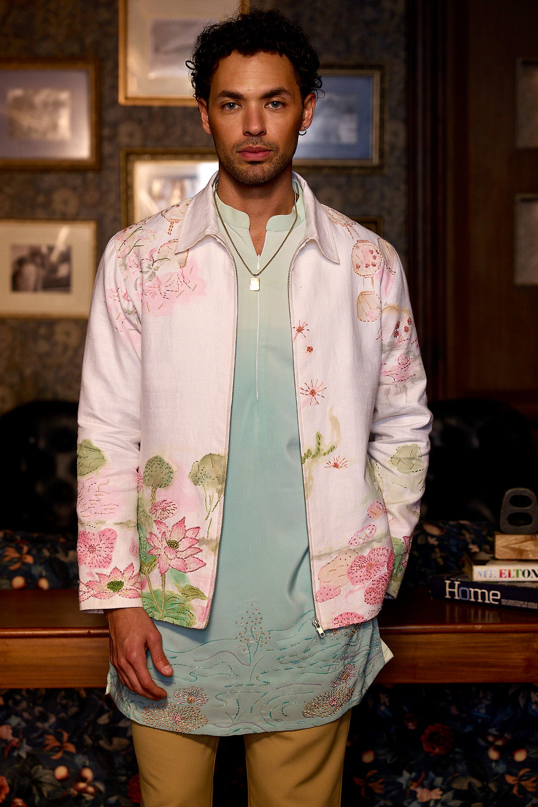 Sacred Lotus Hand Painted Embroidered Linen Jacket Set