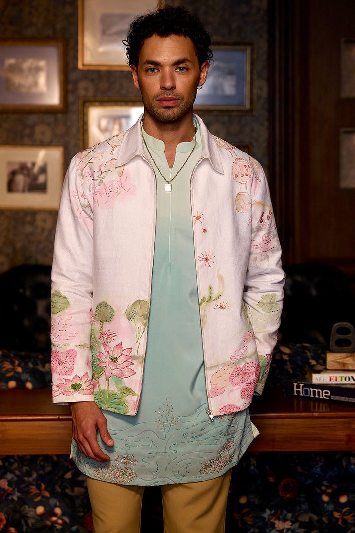 Sacred Lotus Hand Painted Embroidered Linen Jacket Set