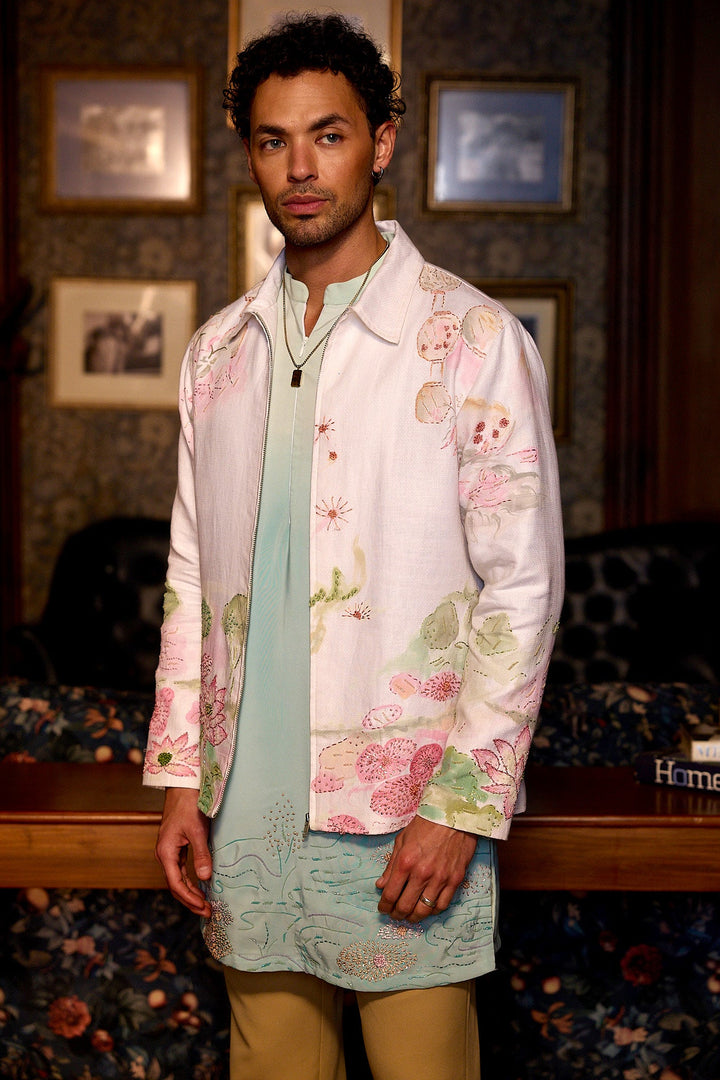 Sacred Lotus Hand Painted Embroidered Linen Jacket Set