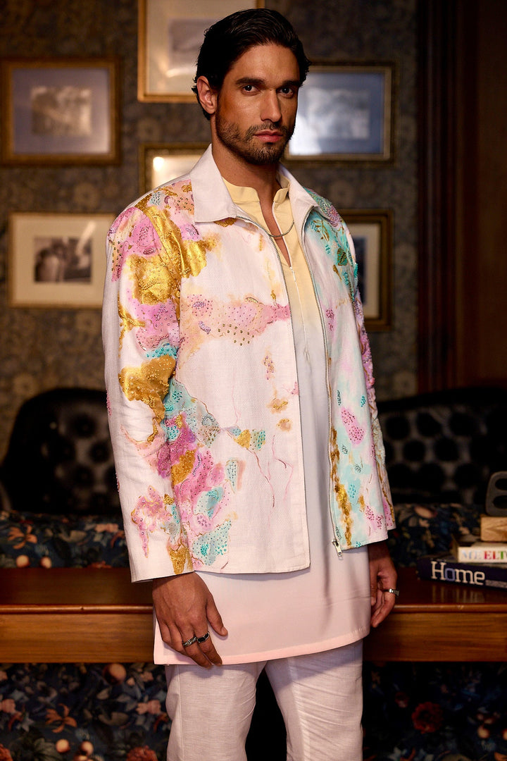 Garden Mirage Hand Painted Embroidered Linen Jacket Set