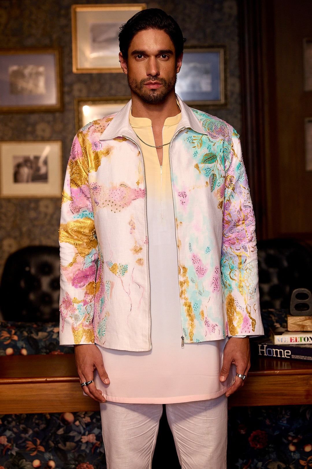 Garden Mirage Hand Painted Embroidered Linen Jacket Set