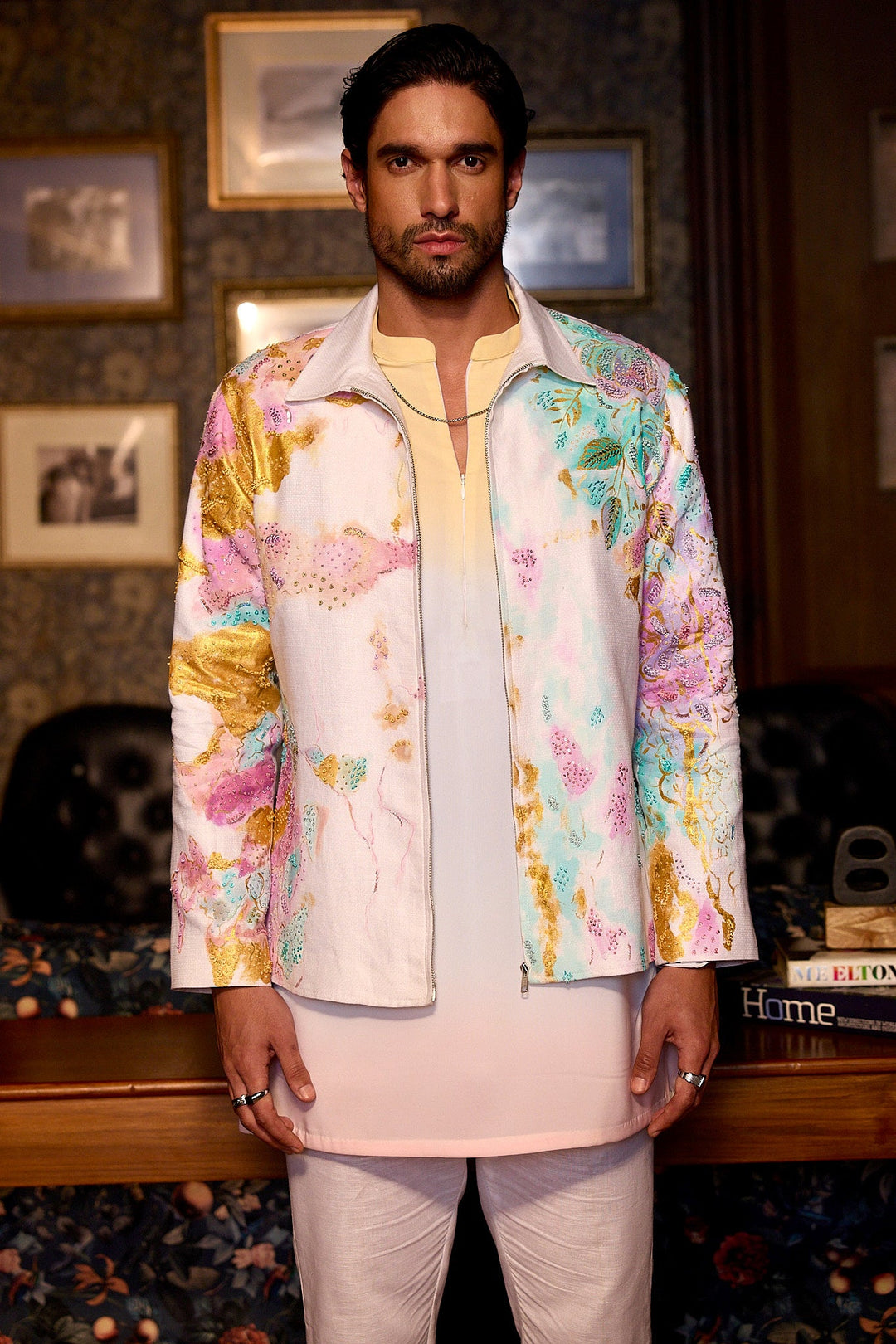 Garden Mirage Hand Painted Embroidered Linen Jacket Set
