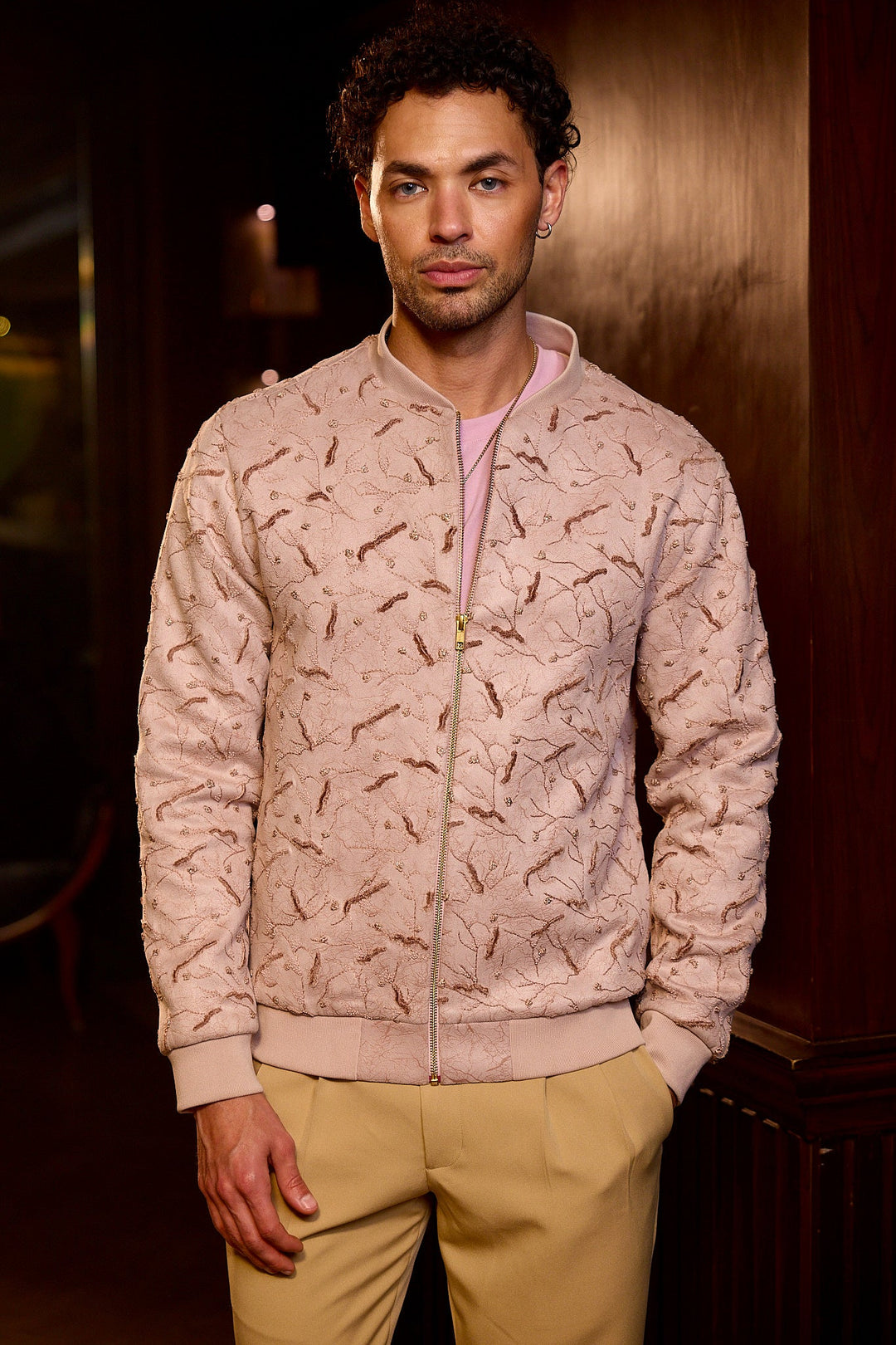 Blush Lace Embroidered Floral Bomber Jacket