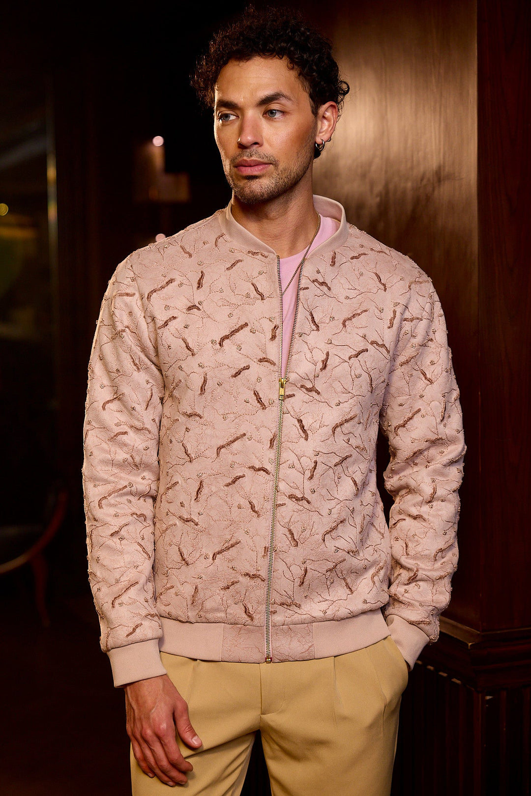 Blush Lace Embroidered Floral Bomber Jacket