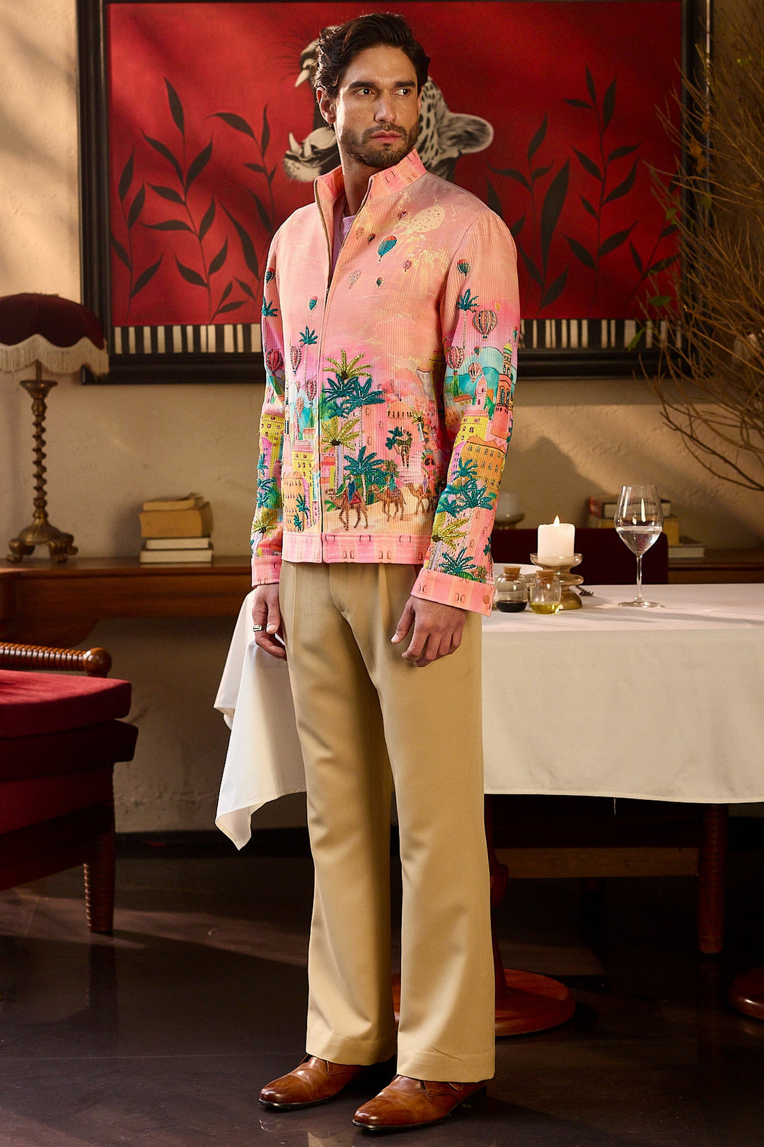 Painted Soirée Print Hand Embroidered Corduroy Bomber Jacket