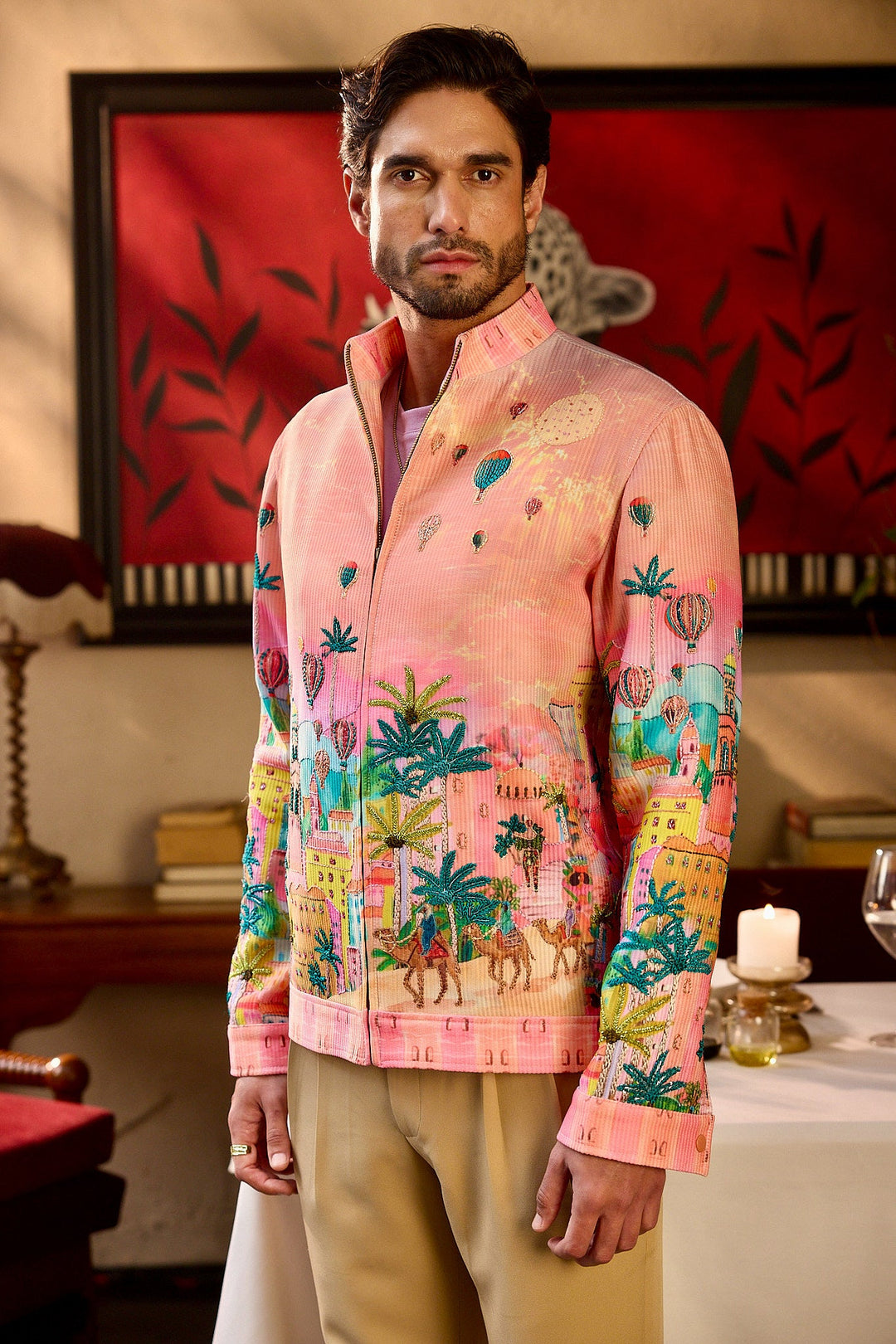Painted Soirée Print Hand Embroidered Corduroy Bomber Jacket