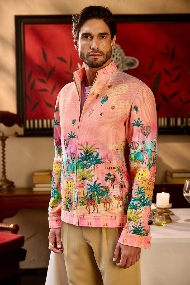 Painted Soirée Print Hand Embroidered Corduroy Bomber Jacket