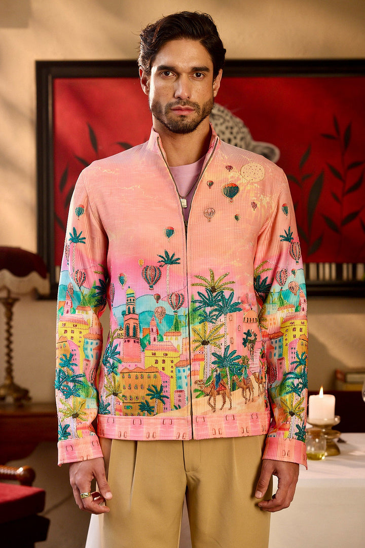 Painted Soirée Print Hand Embroidered Corduroy Bomber Jacket