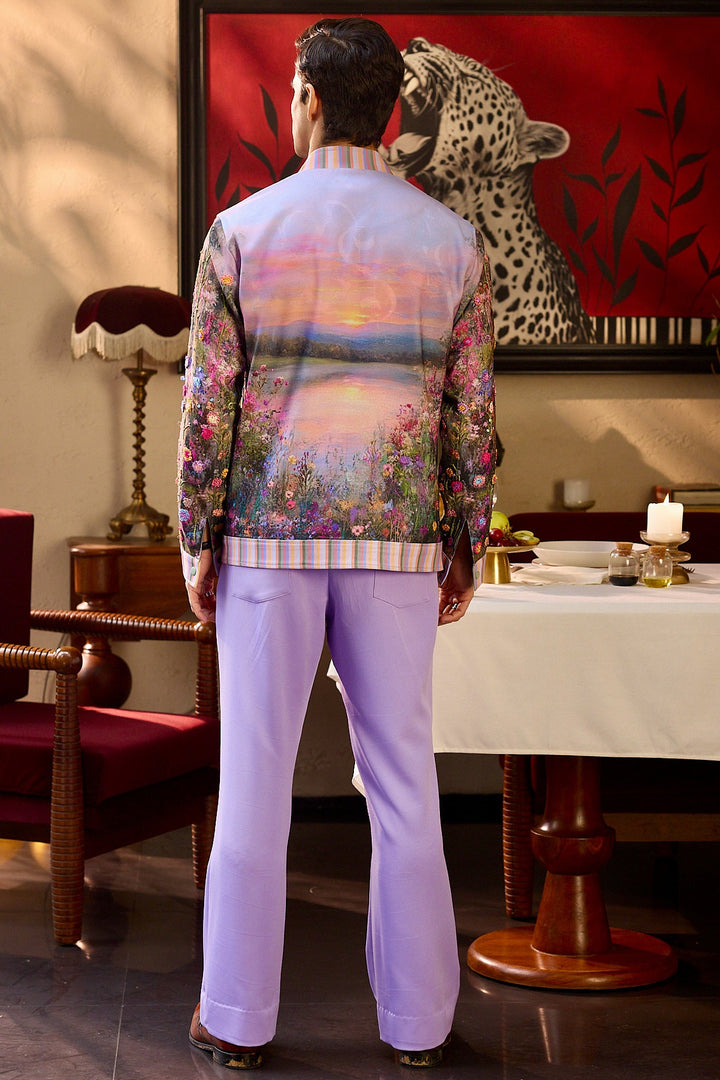 Golden Horizon Print Hand Embroidered Bomber Jacket