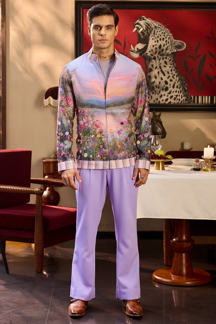 Golden Horizon Print Hand Embroidered Bomber Jacket