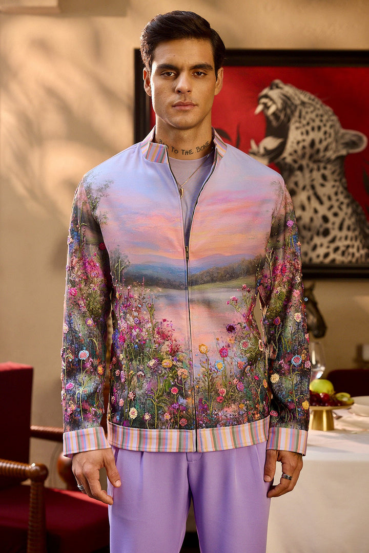 Golden Horizon Print Hand Embroidered Bomber Jacket