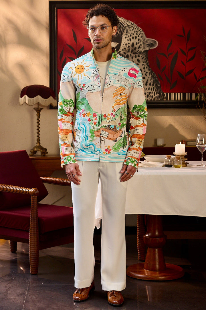 Bon Voyage Print Cutdana Embellished Bomber Jacket