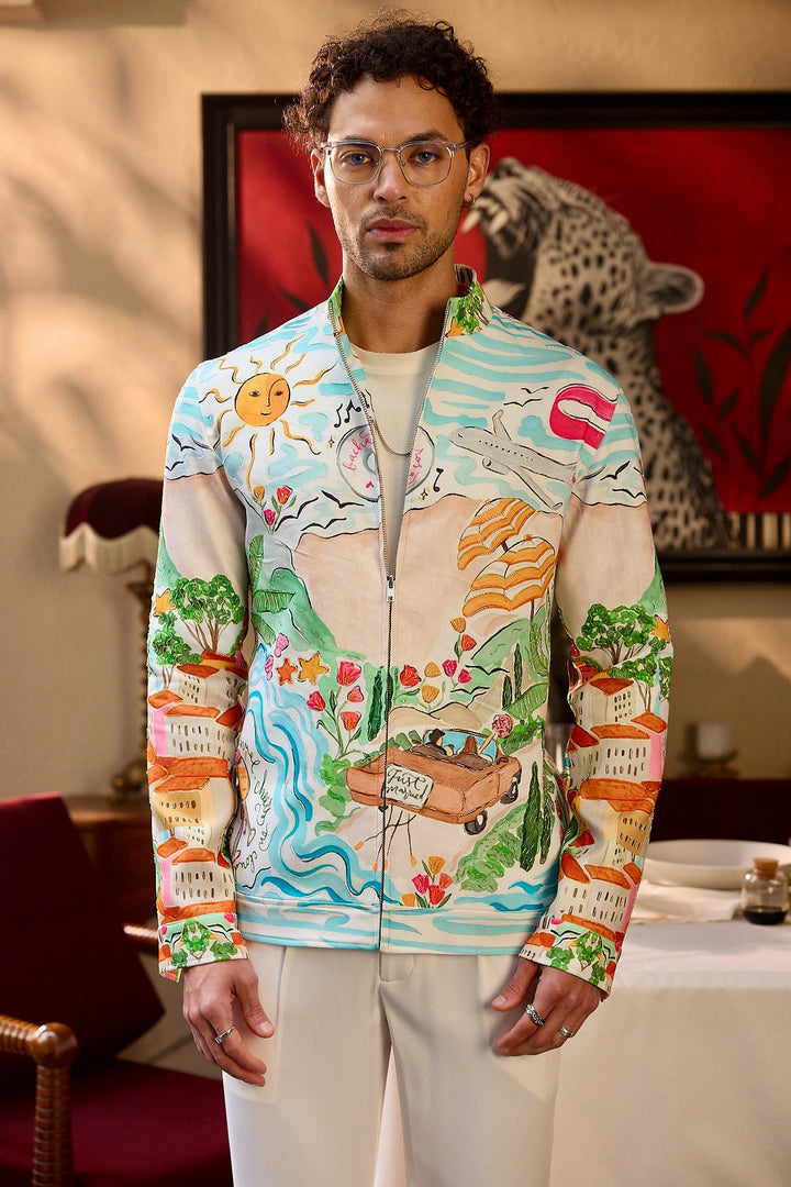 Bon Voyage Print Cutdana Embellished Bomber Jacket