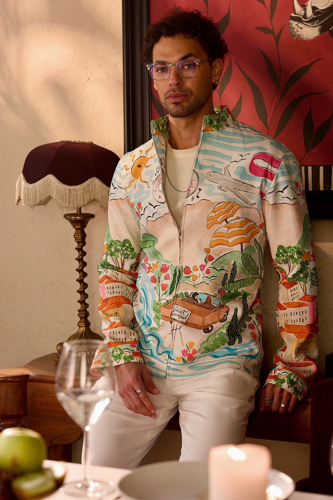 Bon Voyage Print Cutdana Embellished Bomber Jacket
