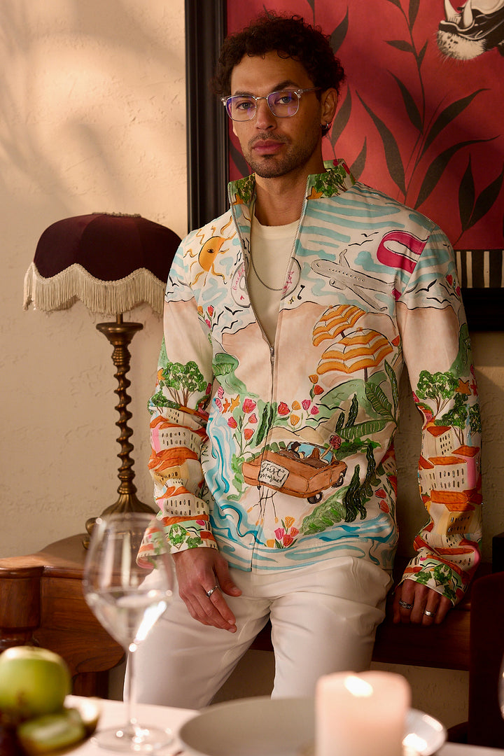 Bon Voyage Print Cutdana Embellished Bomber Jacket