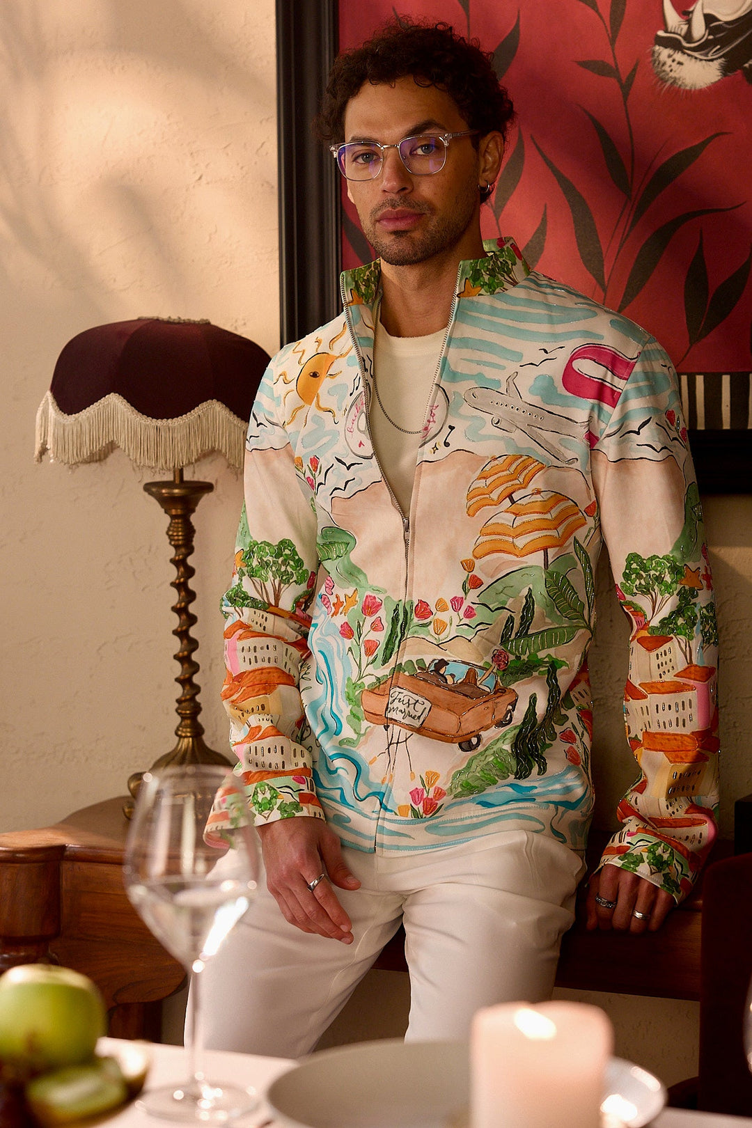 Bon Voyage Print Cutdana Embellished Bomber Jacket