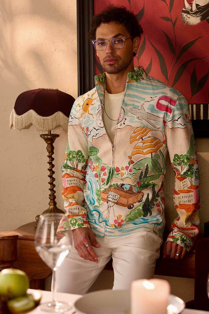 Bon Voyage Print Cutdana Embellished Bomber Jacket