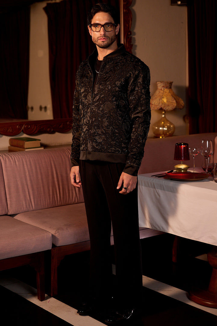 Noir Petal Leather Patch Cutdana Velvet Jacket