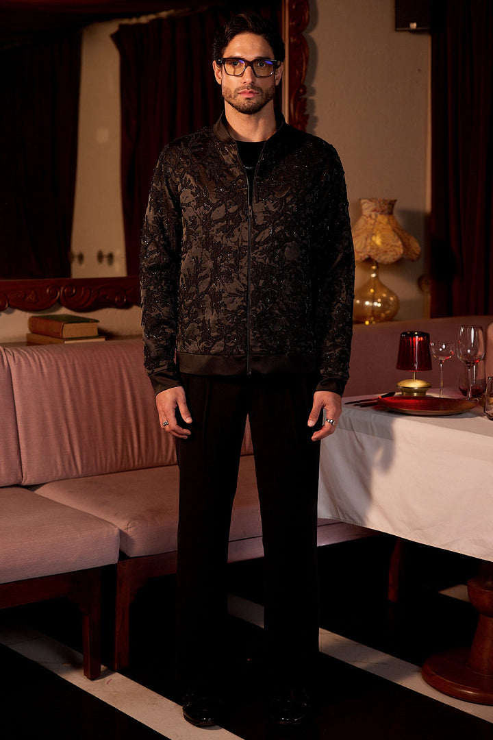 Noir Petal Leather Patch Cutdana Velvet Jacket