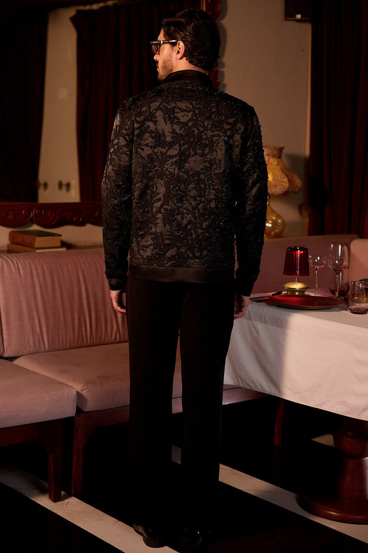 Noir Petal Leather Patch Cutdana Velvet Jacket