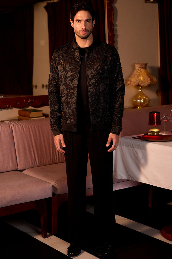 Noir Petal Leather Patch Cutdana Velvet Jacket