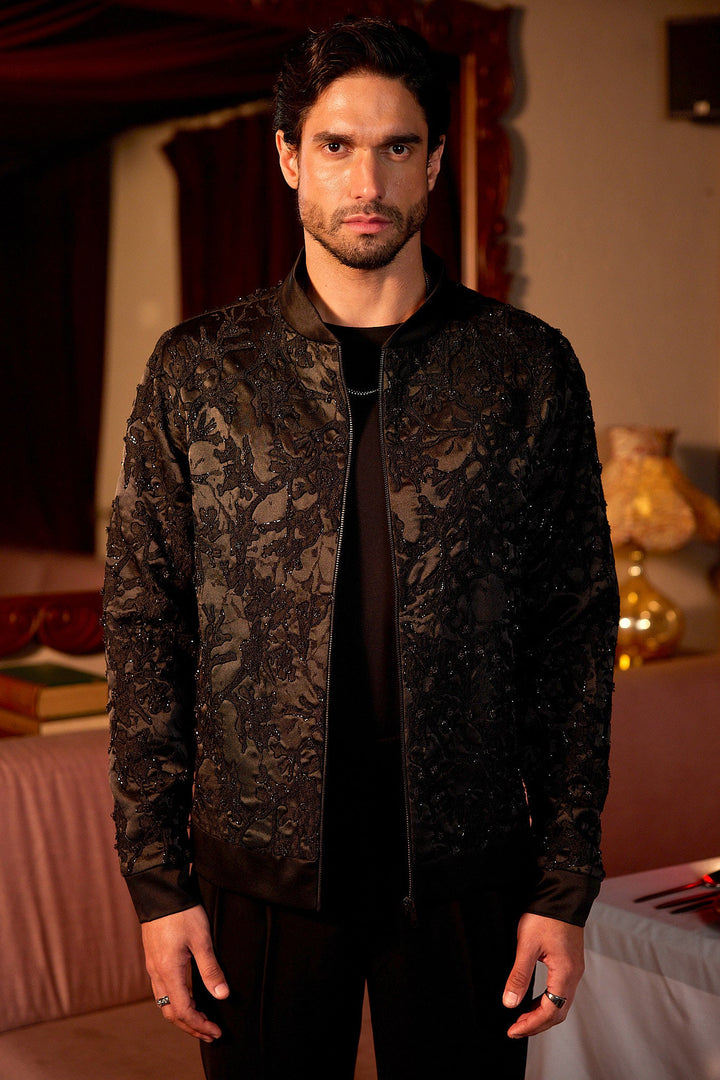 Noir Petal Leather Patch Cutdana Velvet Jacket