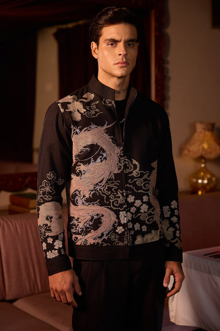 Serpent Code Computer Embroidered Linen Bomber Jacket
